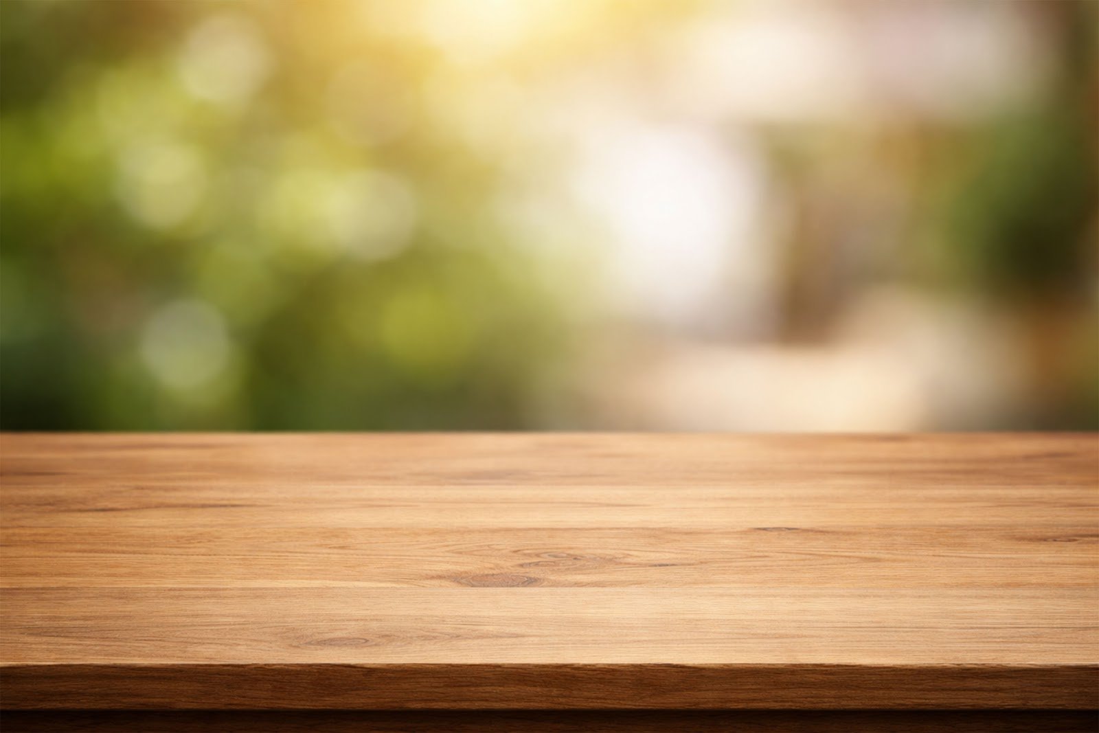 Wooden Table Mockup Background with Warm Tone Blur – High-Resolution Download