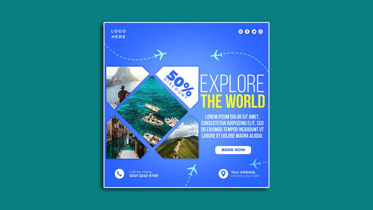 Explore world travel social media poster design template – PSD File Free Download