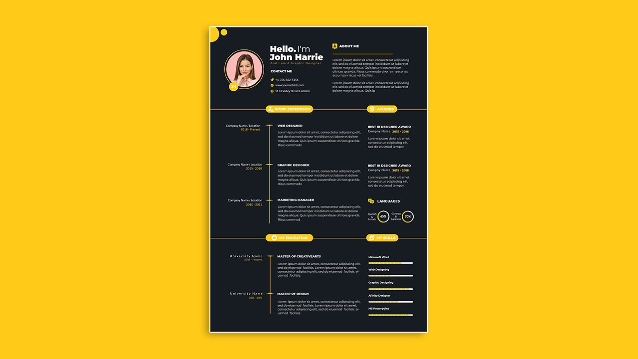 Black Yellow Clean modern resume portfolio cv template - PSD File Free Download