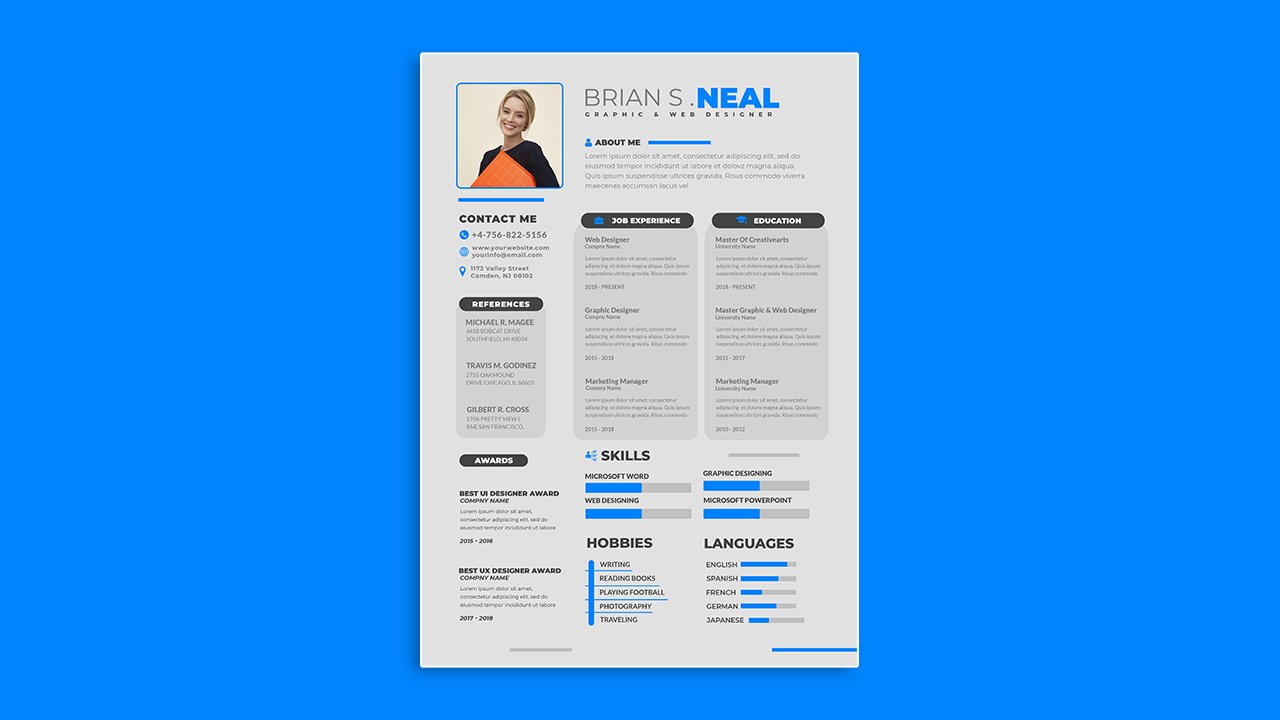 White Blue Clean modern resume portfolio cv template - PSD File Free Download