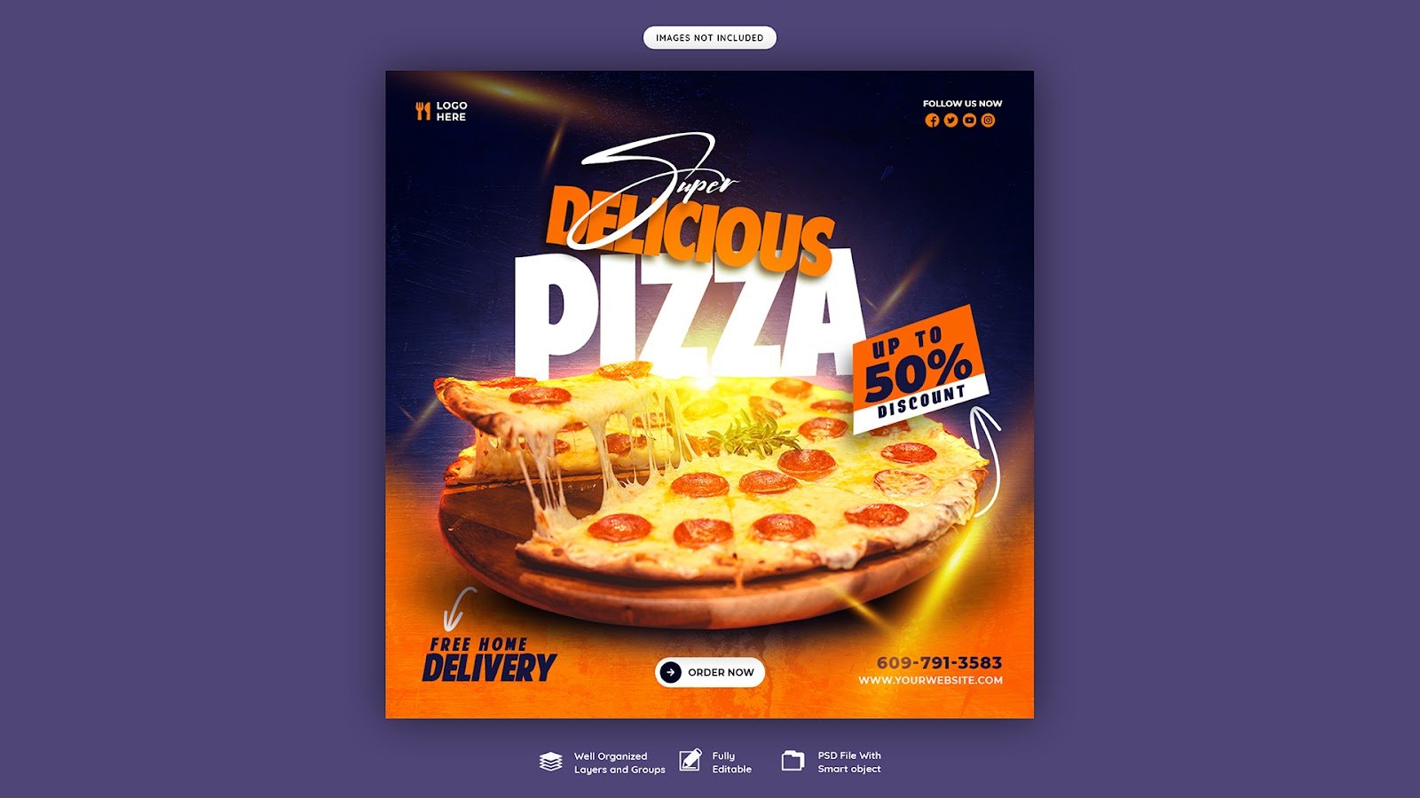 Food menu delicious pizza social media poster Instagram post template - PSD Free Download