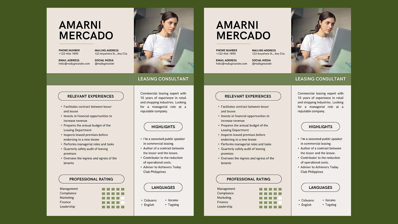 Silver Green Professional Lease Consultant Resume – CV Templates Free Download