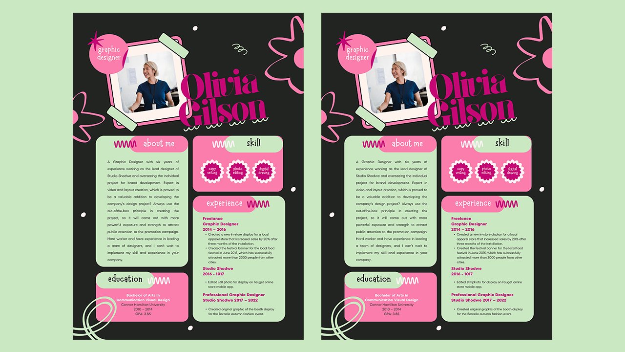 Pink Green Creative Graphic Design Resume – CV Templates Free Download