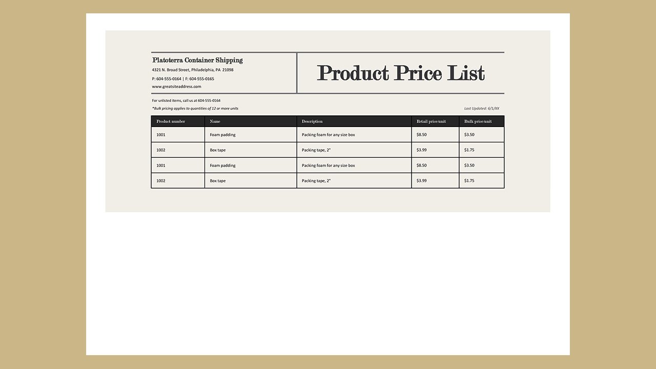 Product price list - Excel Templates Free Download