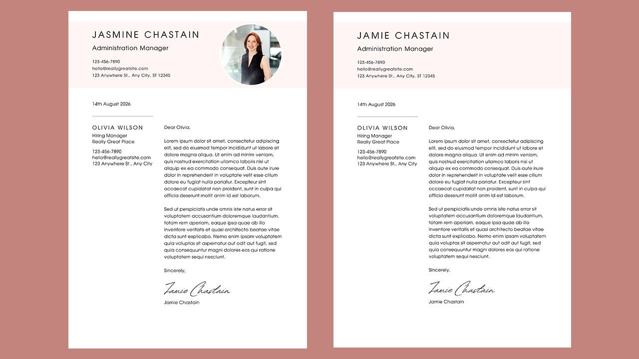 Pink Black and White Simple Minimalist Photo Cover Letter – CV Templates Free Download