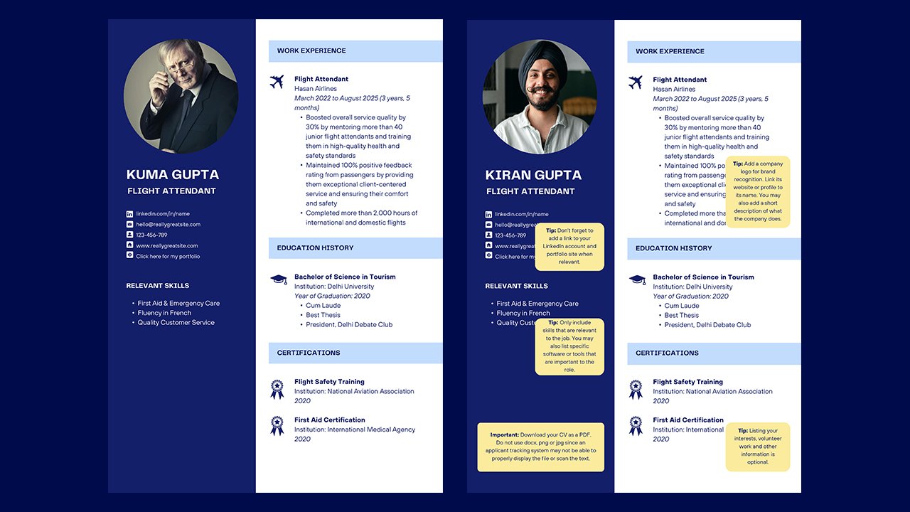Flight Attendant CV in Dark Blue Light Blue White Colour Blocks Style – CV Templates Free Download